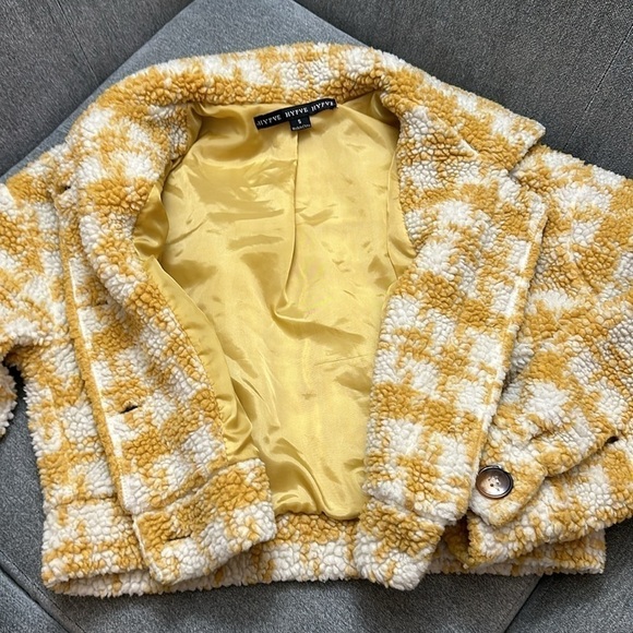 HYFVE Size Small Cropped Peacoat Button Up Jacket Mustard Yellow and Cream Plaid - Picture 5 of 5
